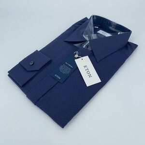 Eton Dress Shirt Mens XL 17 1/2 - 44 Navy Patterned Contemporary Fit Button Up
